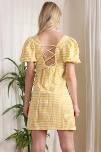 Gold Checkered Puff Sleeve Dress