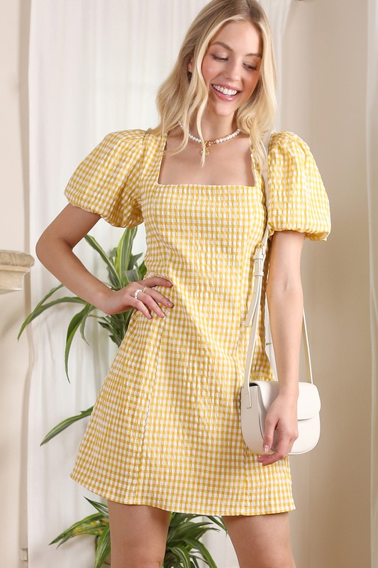 Gold Checkered Puff Sleeve Dress