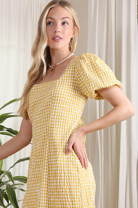 Gold Checkered Puff Sleeve Dress